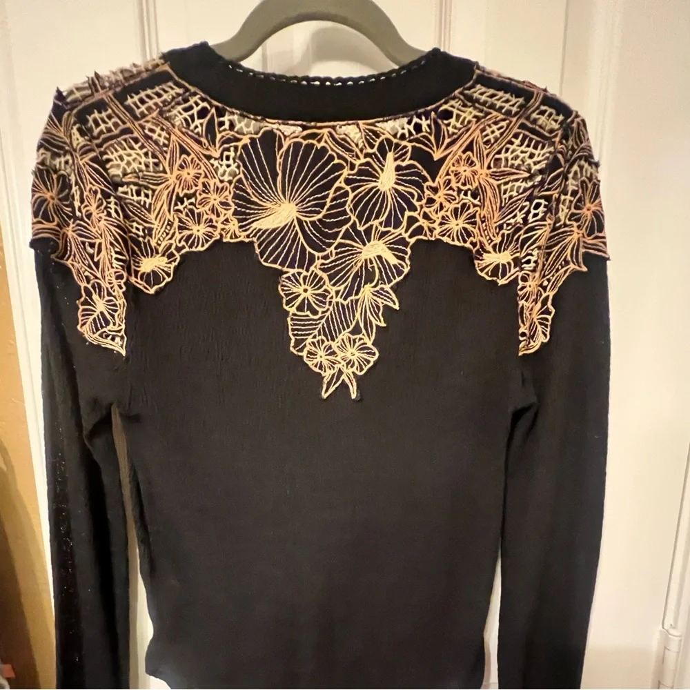 Free People Easy Breezy Floral Embroidered Boho Henley Blk/peach XS